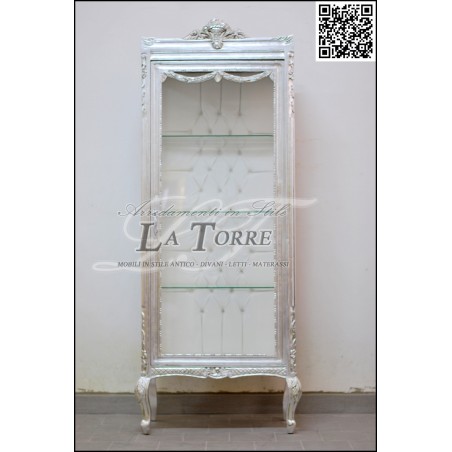 Louis XV Barock-Glasvitrine, Silber, weißes Kunstleder, Swarovski-Kristalle AL7282