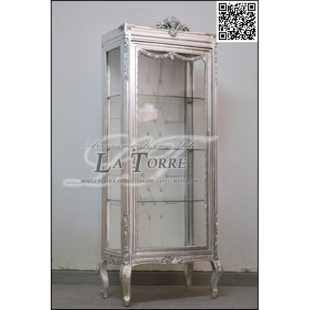 Louis XV Barock-Glasvitrine, Silber, weißes Kunstleder, Swarovski-Kristalle AL7282