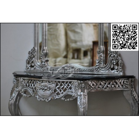 Konsolentisch aus Silber im Barockstil Louis XV mit Spiegel und schwarzem Marmor AL1020