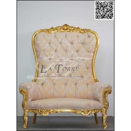 Louis XV Barock-Thronsofa-Sessel, goldener Damaststoff, elfenbeinfarbene Lilie, Swarovski AL1782