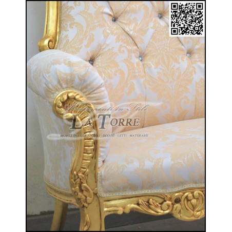 Louis XV Barock-Thronsofa-Sessel, goldener Damaststoff, elfenbeinfarbene Lilie, Swarovski AL1782