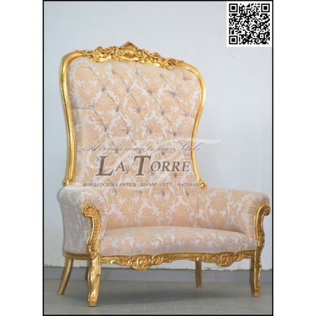 Louis XV Barock-Thronsofa-Sessel, goldener Damaststoff, elfenbeinfarbene Lilie, Swarovski AL1782