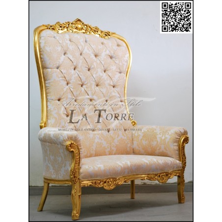 Louis XV Barock-Thronsofa-Sessel, goldener Damaststoff, elfenbeinfarbene Lilie, Swarovski AL1782