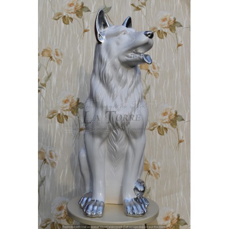 Statua ceramica scultura Cane Pastore Tedesco bianco argento dog swarovski H70cm PR25