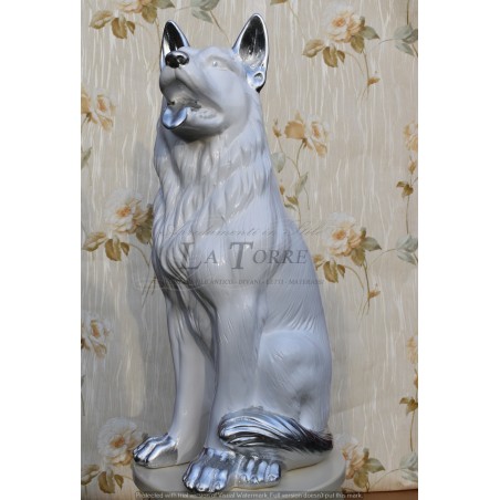 Statua ceramica scultura Cane Pastore Tedesco bianco argento dog swarovski H70cm PR25
