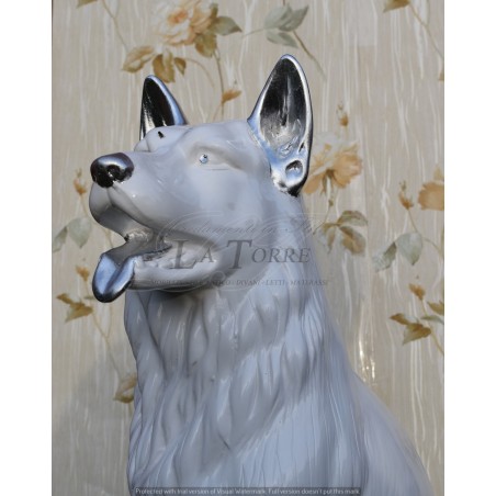 Keramikstatue, Skulptur, Deutscher Schäferhund, weiß-silber, Swarovski, H70cm, PR25