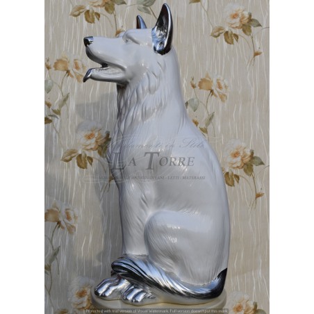 Statua ceramica scultura Cane Pastore Tedesco bianco argento dog swarovski H70cm PR25