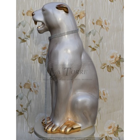 Keramik-Tierstatue, Skulptur, Panther, Leopard, Puma, weiß, Perle, Gold, Swarovski, H 70 cm, PR31