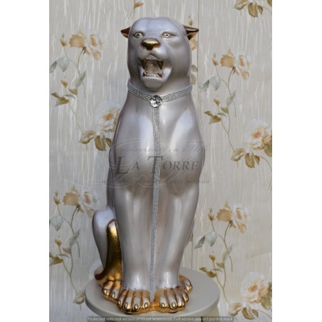 Keramik-Tierstatue, Skulptur, Panther, Leopard, Puma, weiß, Perle, Gold, Swarovski, H 70 cm, PR31