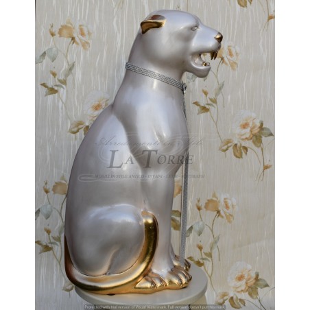 Keramik-Tierstatue, Skulptur, Panther, Leopard, Puma, weiß, Perle, Gold, Swarovski, H 70 cm, PR31