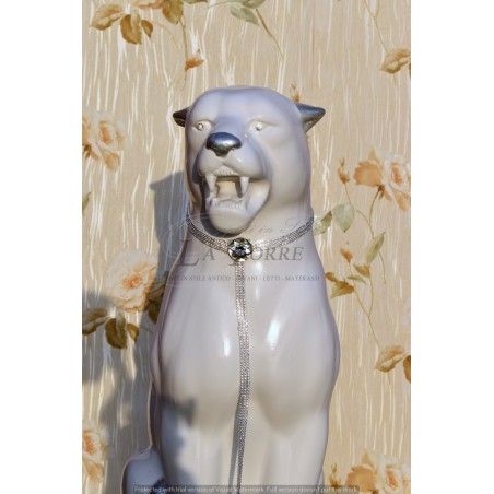 Keramik-Tierstatue, Skulptur Panther, Leopard, Puma, weiß, silberfarbenes Blattgold, Swarovski-Kristalle, Höhe 70 cm, PR31