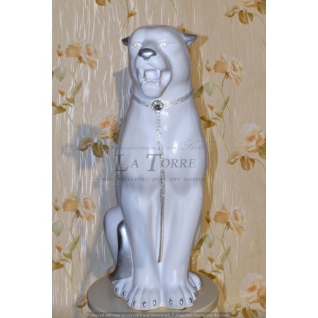 Keramik-Tierstatue, Skulptur Panther, Leopard, Puma, weiß, silberfarbenes Blattgold, Swarovski-Kristalle, Höhe 70 cm, PR31