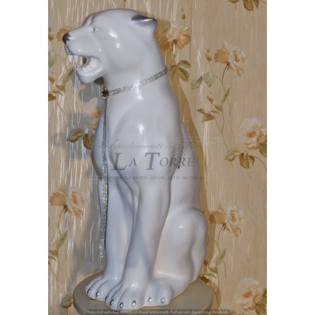 Keramik-Tierstatue, Skulptur Panther, Leopard, Puma, weiß, silberfarbenes Blattgold, Swarovski-Kristalle, Höhe 70 cm, PR31