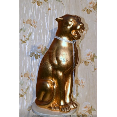 Keramik-Tierstatue, Skulptur, Panther, Leopard, Puma, Blattgold, Swarovski-Kristalle, H 70 cm, PR31