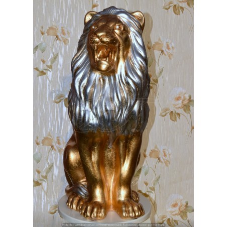 Keramik-Tierskulptur Löwe mit offenem Maul, Blattgold, silberne Mähne, Swarovski-Kristalle, H 70 cm, PR13