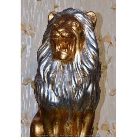 Animali in ceramica scultura Leone bocca aperta foglia oro criniera argento swarovski H70cm PR13