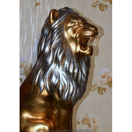 Animali in ceramica scultura Leone bocca aperta foglia oro criniera argento swarovski H70cm PR13