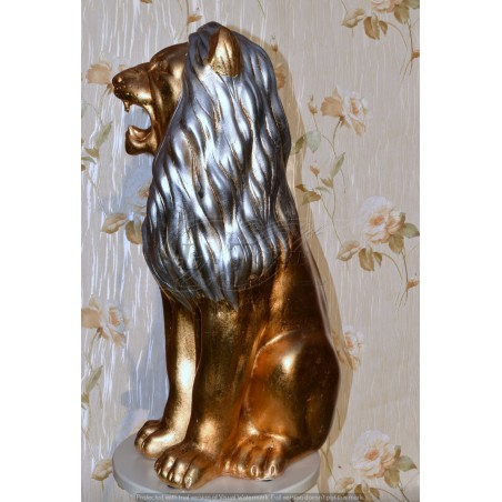 Keramik-Tierskulptur Löwe mit offenem Maul, Blattgold, silberne Mähne, Swarovski-Kristalle, H 70 cm, PR13