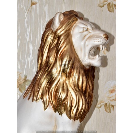 Keramik-Tierstatue Löwe mit offenem Maul, Elfenbein, Blattgold, Swarovski-Kristalle, H70Cm PR13