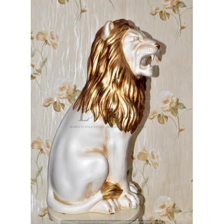 Keramik-Tierstatue Löwe mit offenem Maul, Elfenbein, Blattgold, Swarovski-Kristalle, H70Cm PR13