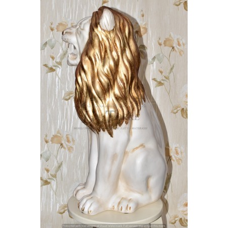 Keramik-Tierstatue Löwe mit offenem Maul, Elfenbein, Blattgold, Swarovski-Kristalle, H70Cm PR13