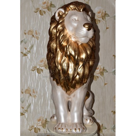 Ceramic statue sculpture Lion closed mouth Lion pearl white mane Gold leaf with swarovski 90 cm