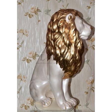 Ceramic statue sculpture Lion closed mouth Lion pearl white mane Gold leaf with swarovski 90 cm