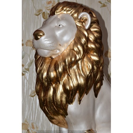 Ceramic statue sculpture Lion closed mouth Lion pearl white mane Gold leaf with swarovski 90 cm