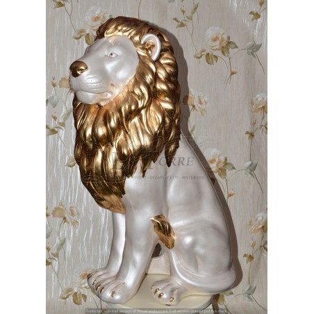 Statua ceramica scultura Leone bocca chiusa bianco perlato criniera Foglia oro con swarovski H90cm PR23