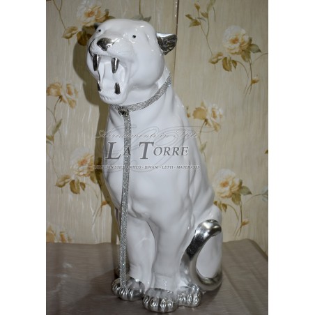 Keramik-Tierstatue, Skulptur, Panther, Leopard, Jaguar, Puma, weiß, silber, Swarovski, H 80 cm, PR22