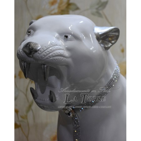 Keramik-Tierstatue, Skulptur, Panther, Leopard, Jaguar, Puma, weiß, silber, Swarovski, H 80 cm, PR22