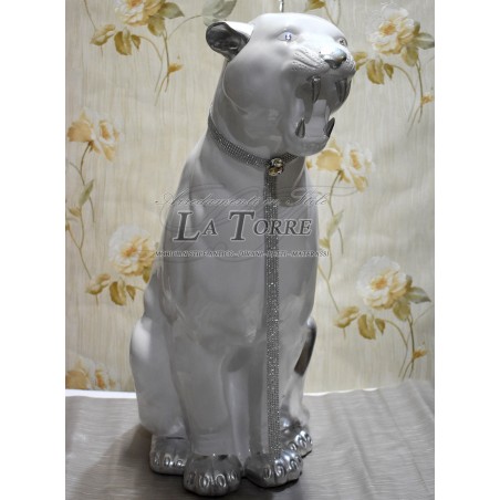 Keramik-Tierstatue, Skulptur, Panther, Leopard, Jaguar, Puma, weiß, silber, Swarovski, H 80 cm, PR22
