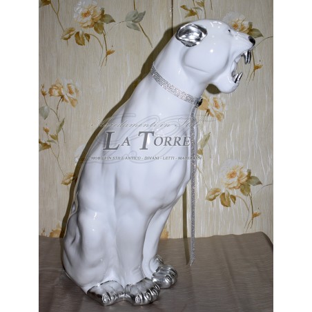 Keramik-Tierstatue, Skulptur, Panther, Leopard, Jaguar, Puma, weiß, silber, Swarovski, H 80 cm, PR22