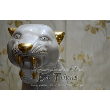 Keramik-Tierstatue, Skulptur, Panther, Jaguar, Leopard, Puma, weiß, Perle, Gold, Swarovski, H 80 cm, PR22