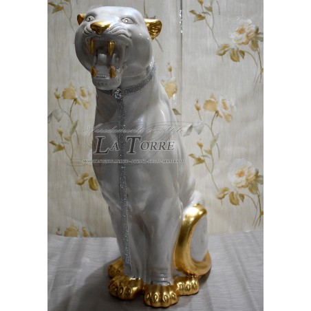 Keramik-Tierstatue, Skulptur, Panther, Jaguar, Leopard, Puma, weiß, Perle, Gold, Swarovski, H 80 cm, PR22