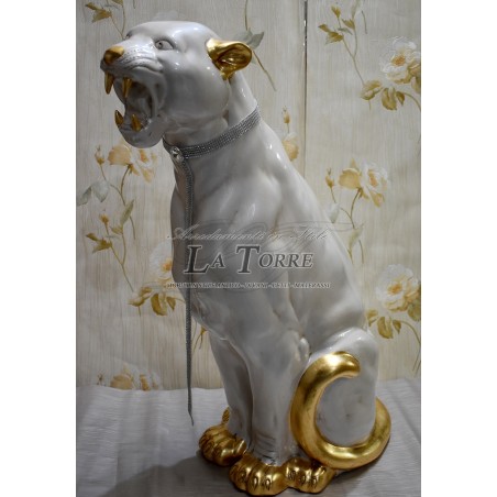 Keramik-Tierstatue, Skulptur, Panther, Jaguar, Leopard, Puma, weiß, Perle, Gold, Swarovski, H 80 cm, PR22
