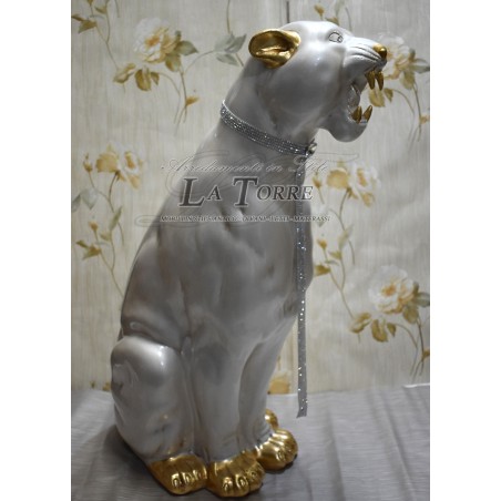 Keramik-Tierstatue, Skulptur, Panther, Jaguar, Leopard, Puma, weiß, Perle, Gold, Swarovski, H 80 cm, PR22