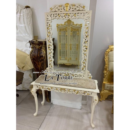 Baroque entrance wall console with mirror in wood and gold ivory marble AL09