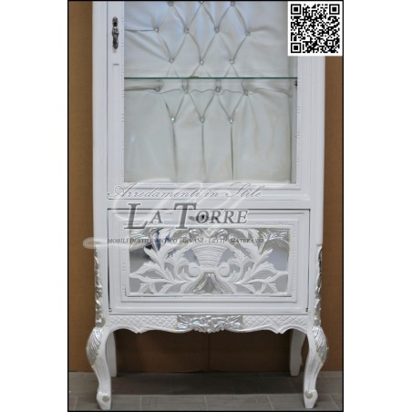 Barock-Glasvitrine im Stil Louis XV, weiß, silber, Kunstleder, Swarovski AL2896
