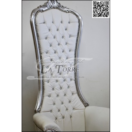 Poltrona divano Trono Luigi XV Barocco Argento ecopelle bianca Swarovski AL3018
