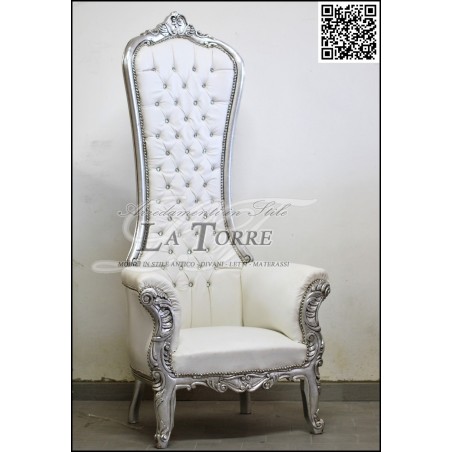 Armchair sofa throne Louis XV Baroque Silver white faux leather Swarovski AL3018