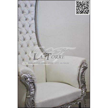 Poltrona divano Trono Luigi XV Barocco Argento ecopelle bianca Swarovski AL3018