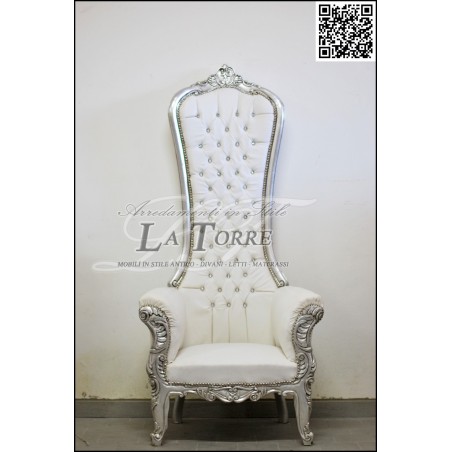 Armchair sofa throne Louis XV Baroque Silver white faux leather Swarovski AL3018