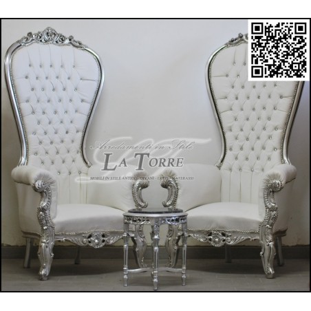 Poltrona divano Trono Luigi XV Barocco argento ecopelle bianca Swarovski AL3232
