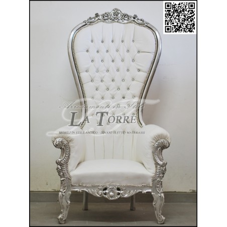 Louis XV Baroque Throne Armchair Silver White Faux Leather Swarovski AL3232