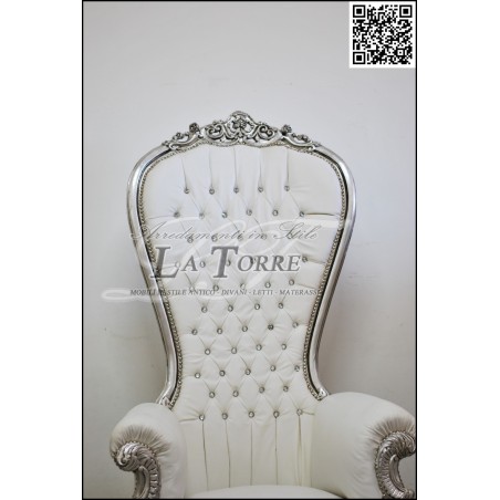 Poltrona divano Trono Luigi XV Barocco argento ecopelle bianca Swarovski AL3232