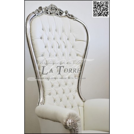 Louis XV Baroque Throne Armchair Silver White Faux Leather Swarovski AL3232
