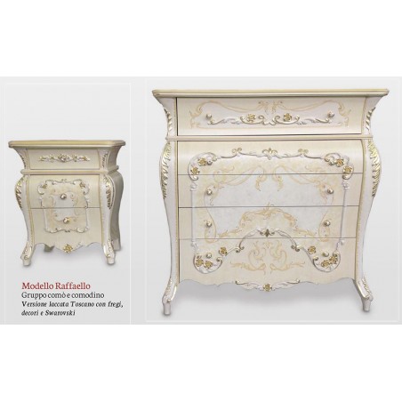 Triptych bedroom night group chest of drawers bedside table baroque classic lacquered with decoration