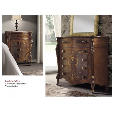 Dreiteiliges Schlafzimmer-Set, Nachttisch, Kommode, klassisch lackiertes Walnussholz, Gold