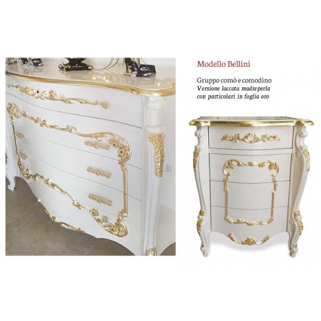 Dreiteiliges Schlafzimmer-Set: Barocker Nachttisch, klassische lackierte Kommode mit Friesen